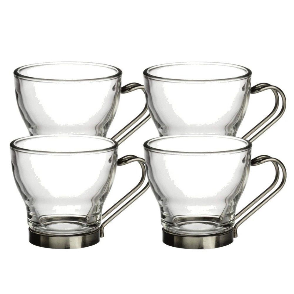 Bormioli Rocco Set 4 Glass Cappuccino Coffee Tea Cups Stainless Steel Handle